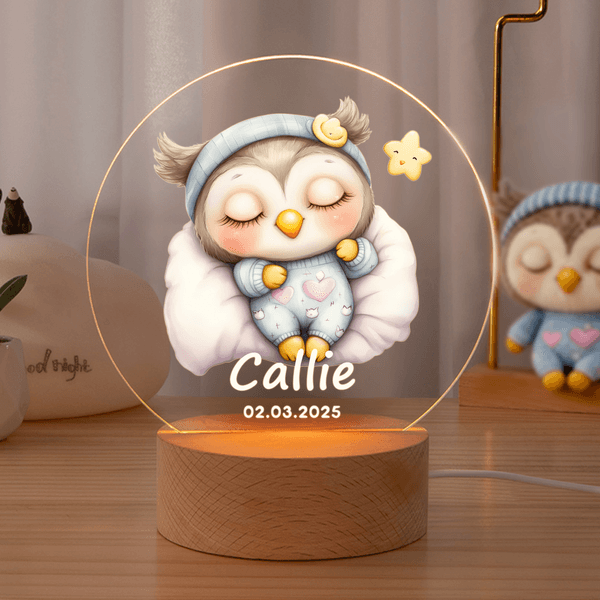 Personalised Star Heart Flower Cute Sleepy Animal Acrylic LED Night Light with Name Date and Wooden Base Birthday Christmas Gift for Kids