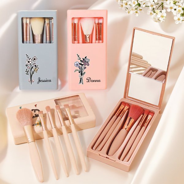 Personalized Birth Flower Bouquet 5 Pcs Makeup Brush Storage Box Set with Name and Mirror Christmas Birthday Wedding Gift for Ladies Girls