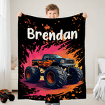 Personalised Big Wheel Off-Road Lorry Soft Throw Blanket with Name Home Decor Birthday Gift for Children Boys Lorry Lovers