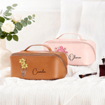 Personalized Birth Flower Multi Compartment PU Leather Makeup Bag with Name Travel Essential Birthday Gift for Sisters Friends