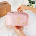 Personalized Birth Flower PU Leather Makeup Bag with Name Birthday Anniversary Gift for Her