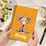 Personalized Cute Cartoon Quirky Girl Multicolor A5 Spiral Notebook with Name and 120 Lined Pages Birthday Gift for Women Girls