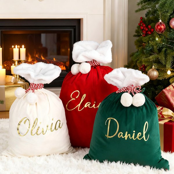 Personalised Large Velvet Santa Sack Gift Bag with Pom Pom and Name Christmas Party Favor Gift for Kids Family