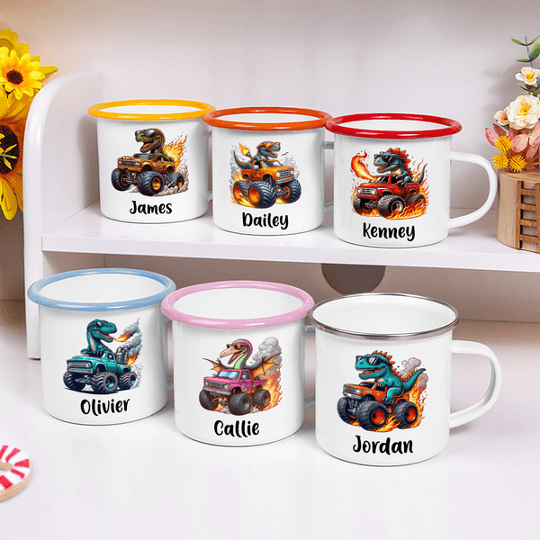 Personalised Dinosaur Lorry Multicolor 12 oz Enamel Mug with Name Birthday Christmas Gift for Kids Dinosaur Lorry Lovers