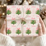 Papier d'emballage de sapin de Noël rose avec noeud personnalisé Coquette Papier d'emballage de sapin de Noël rose avec nom Décoration de cadeau Fête de Noël Favors pour les filles Femmes