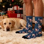 Personalized Funny 1-3 Face Photos Christmas Hat Comfortable Mid-Calf Socks Daily Use Christmas Gift for Couples Family Pet Owners