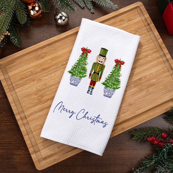 Personalized Watercolour Christmas Tree Chinoiserie Nutcracker Tea Towel with Text Kitchen Decor Christmas Gift for Family Friends