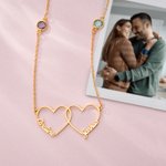 Personalised Double Heart Interlocking Necklace with Birthstone and Name Birthday  Christmas Mother's Day Gift for Mom Wife