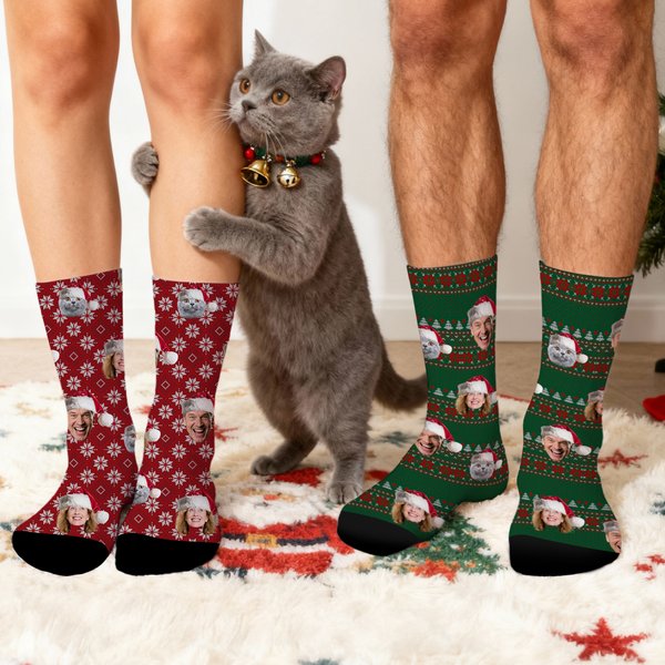 Personalized Funny 1-3 Face Photos Christmas Hat Comfortable Mid-Calf Socks Daily Use Christmas Gift for Couples Family Pet Owners