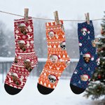 Personalized Funny 1-3 Face Photos Christmas Hat Comfortable Mid-Calf Socks Daily Use Christmas Gift for Couples Family Pet Owners