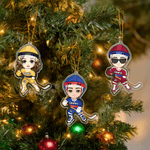 Personalizzato Hockey su ghiaccio Sport Personaggio dei cartoni animati Ornamento in acrilico con nome e numero Regalo di Natale per l'albero di casa per il giocatore di hockey su ghiaccio