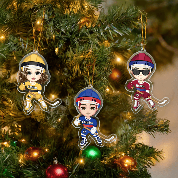 Gepersonaliseerd ijshockey sport cartoon karakter acryl ornament met naam en nummer Home Tree Decor kerstcadeau voor ijshockeyspeler
