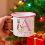 Taza esmaltada personalizada de 350 ml con el conejito de Peter Rabbit con inicial y nombre regalo de cumpleaños o vuelta la cole para niños