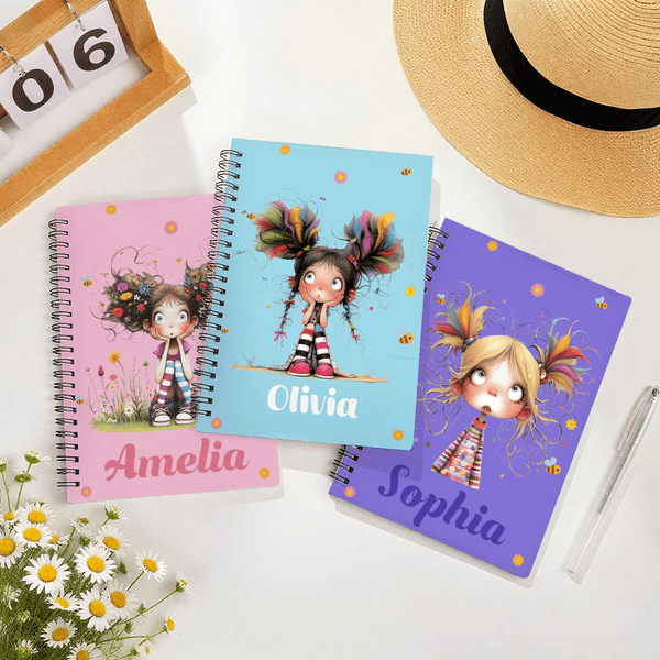 Personalised Cute Cartoon Quirky Girl Multicolour A5 Spiral Notebook with Name and 120 Lined Pages Birthday Gift for Women Girls