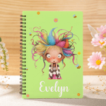 Personalized Cute Cartoon Quirky Girl Multicolor A5 Spiral Notebook with Name and 120 Lined Pages Birthday Gift for Women Girls