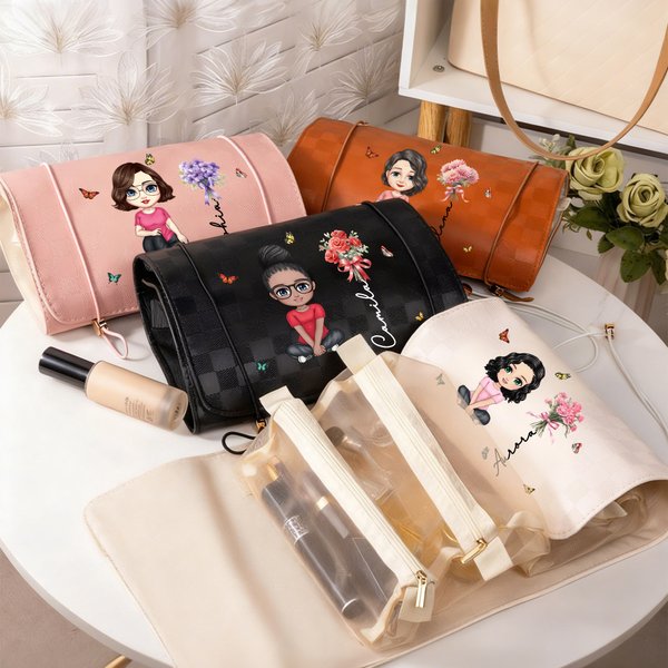 Personalizzato nascita fiore personaggio cartone animato 4 in 1 borsa trucco in pelle PU con nome viaggio essenziale matrimonio festa compleanno regalo per le donne