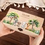 Boîte de rangement personnalisée en bois avec nom et texte pour les animaux de la jungle Cadeau d'anniversaire pour nouveau-né et parent