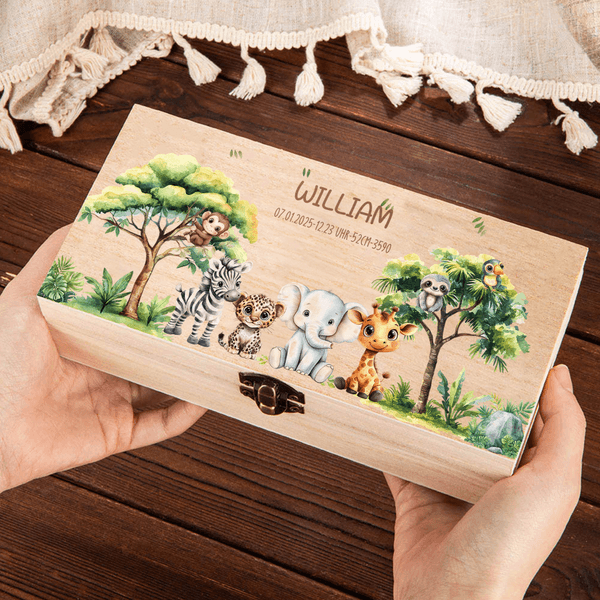 Personalisierte Cartoon Dschungel Tiere hölzerne Speicher-Box mit Namen und Text Geburtstag Baby Dusche Geschenk für neugeborene Eltern