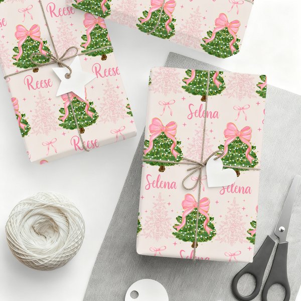Personalized Coquette Bow Pink Christmas Tree Wrapping Paper with Name Gift Decor Christmas Party Favors for Girls Women