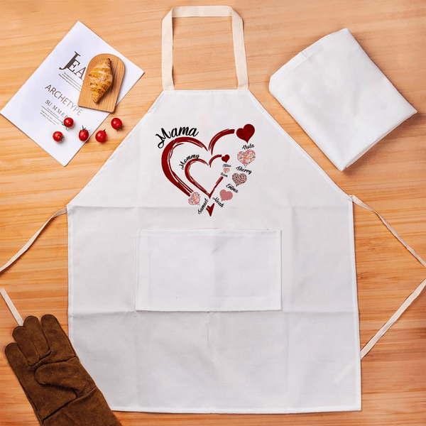 Personalized Double-Layer Heart Kid Adult Cooking Apron with Kid's Names and Pocket Mother's Day Christmas Gift for Grandma Kids