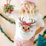 Personalized Cute Reindeer Snowflake Bow Cap Multicolour Kid T-shirt Sweatshirt with Name Christmas Gift for Kids