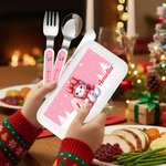 Personalised Cute Cartoon Snowman Initial Food-Grade Kid's Fork Spoon Knife 3 Pcs Cutlery Set with Name Daily Use Christmas Gift for Kids