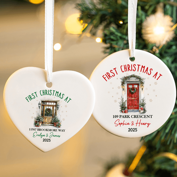 Personalised First Christmas At House Heart Round Ceramic Ornament with Name Tree Decor Christmas Gift for Family Friend