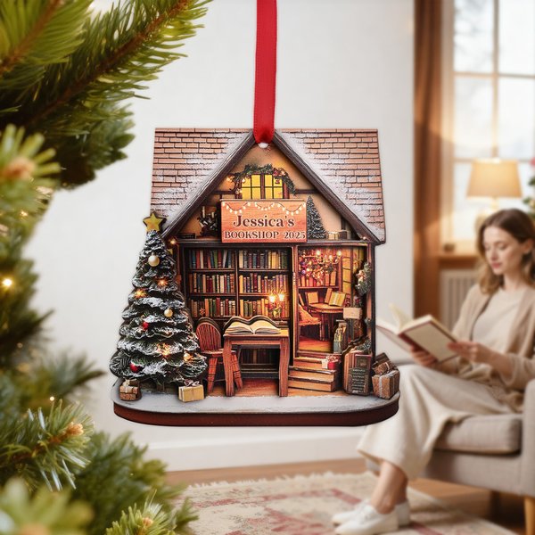 Personalised Wooden Christmas Tree Bookstore Ornament with Name and Year Library Decoration Christmas Gift for Bookworms Book Lovers