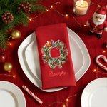Personalized Christmas Wreath Plaid Bow Red 100% Cotton Napkin with Name Christmas Gift for Family Friends