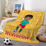 Personalized Heart Cartoon Soccer Character Soft Throw Blanket with Name and Number Game Day Team Gift for Soccer Player Lover