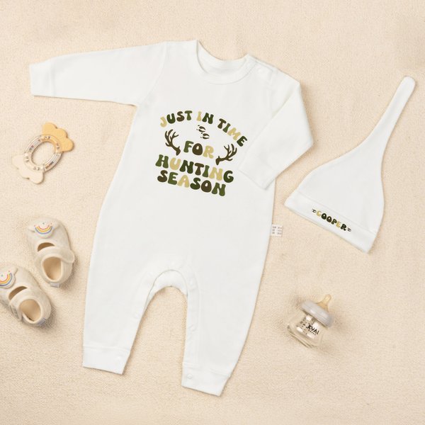 Personalised Just In Time For Hunting Season 100% Cotton Baby Romper Hat Set with Name Outdoor Activity Outfit Hunting Season Gift for Newborns Babies