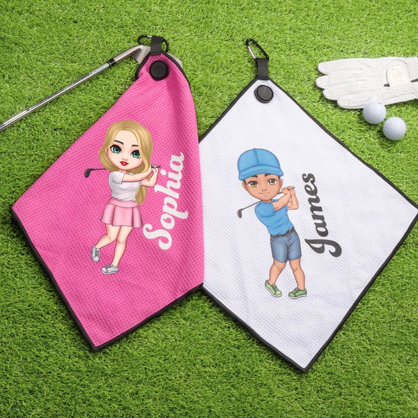 Personalized Cartoon Golf Character Name Waffle Golf Towel with Hanging Clip Sports Accessories Birthday Gift for Golf Players