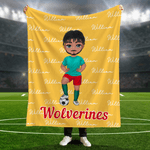 Personalized Heart Cartoon Soccer Character Soft Throw Blanket with Name and Number Game Day Team Gift for Soccer Player Lover