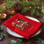 Personalized Merry Christmas Cute Elf Initial 100% Cotton Red Christmas Napkin with Name Table Decor Christmas Gift for Family Friends