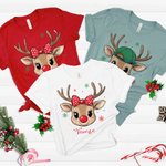 Personalized Cute Reindeer Snowflake Bow Cap Multicolour Kid T-shirt Sweatshirt with Name Christmas Gift for Kids