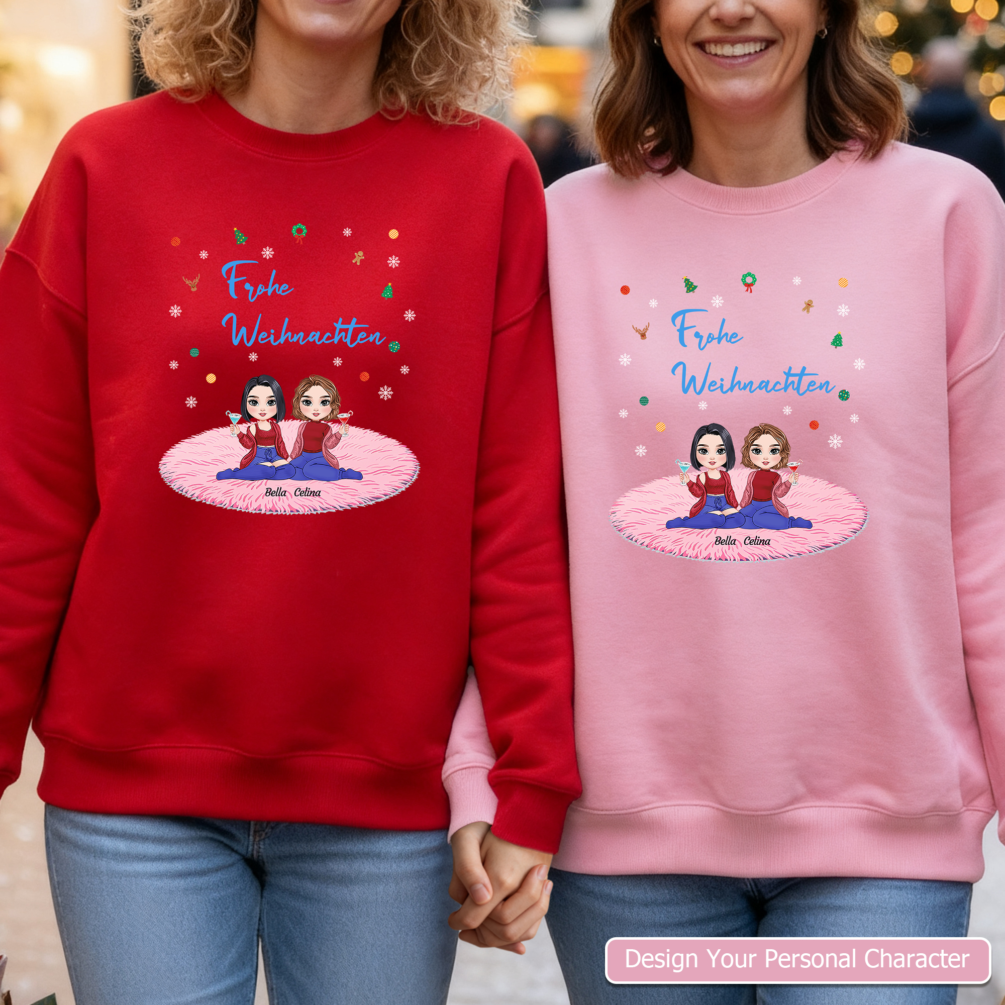 Personalisiertes Sweatshirt mit 2 – 6 Cartoon-Mädchen und Namen Weihnachten täglicher Gebrauch Weihnachtsgeschenk für beste Freundinnen