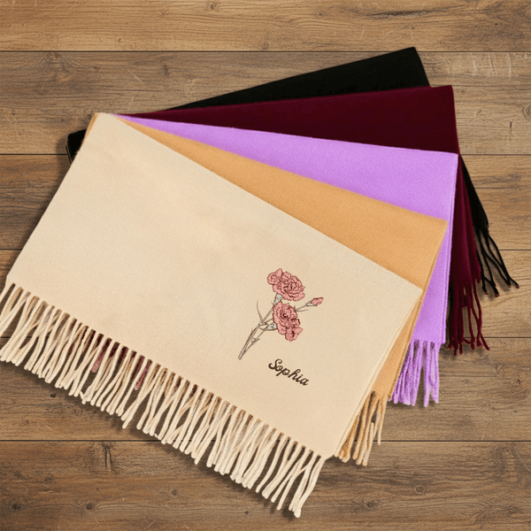 Écharpe à Franges Douce et Chaude Personnalisée avec Fleur de Naissance et Nom Cadeau de Noël Anniversaire pour Femme