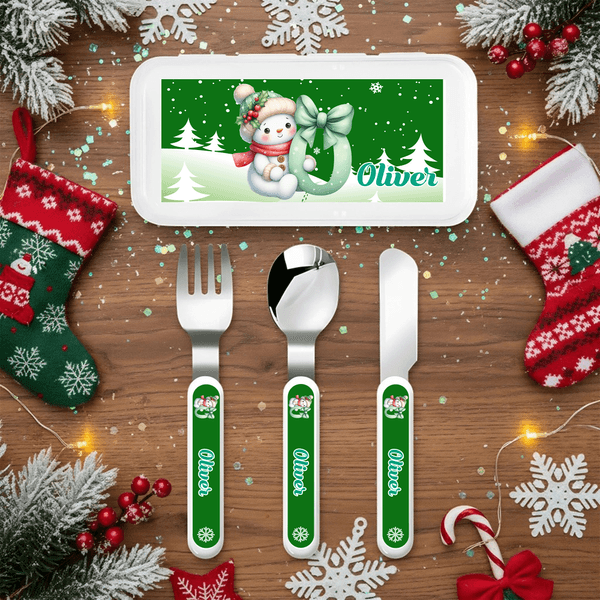 Personalizzato simpatico pupazzo di neve iniziale alimentare Forchetta cucchiaio coltello 3 pezzi set di posate con nome uso quotidiano regalo di Natale per bambini
