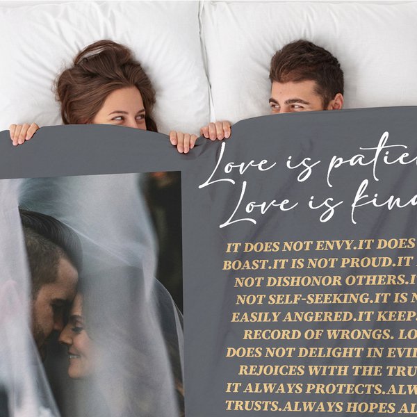Personalized Love is Patient Kind Photo Soft Throw Blanket with Name and Date Valentine's Day Anniversary Wedding Gift for Couple