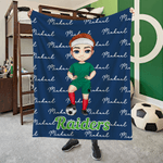 Personalized Heart Cartoon Soccer Character Soft Throw Blanket with Name and Number Game Day Team Gift for Soccer Player Lover