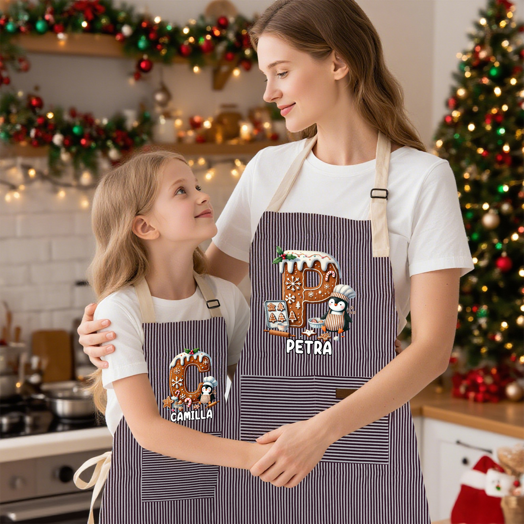 Personalisierte Schürze Kinderschürze mit Pinguin-Koch Keks-Initiale und Namen Geburtstag Weihnachtsgeschenk für Kinder Familie