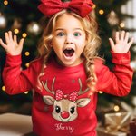 Personalized Cute Reindeer Snowflake Bow Cap Multicolour Kid T-shirt Sweatshirt with Name Christmas Gift for Kids