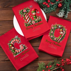 Spersonalizowana serwetka świąteczna Merry Christmas Cute Elf Initial 100% bawełna Czerwona serwetka świąteczna z imieniem Dekoracja stołu Prezent świąteczny dla rodziny Przyjaciele