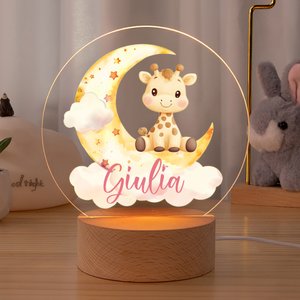 Luce notturna personalizzata in acrilico con animali carini e nome, base in legno, decor per camera - Regalo di compleanno per bambini