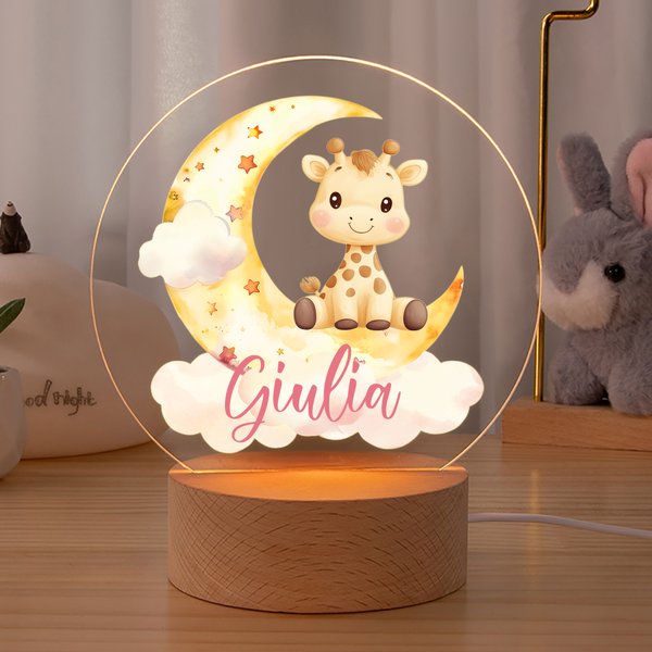 Luce notturna personalizzata in acrilico con animali carini e nome, base in legno, decor per camera - Regalo di compleanno per bambini