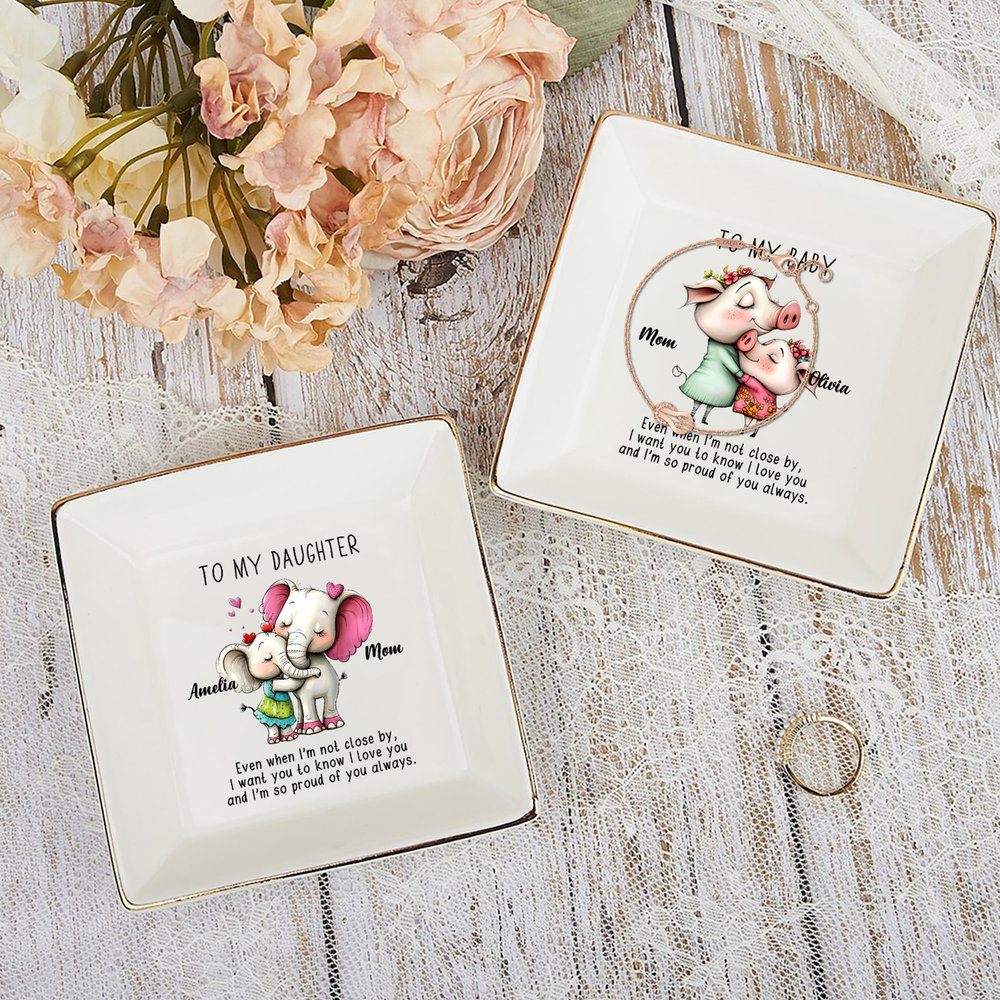 Personalized Watercolor Mom and Baby Animals Square Ceramic Trinket Jewelry Dish with Name and Text Home Decor Christmas Birthday Gift for Family 2