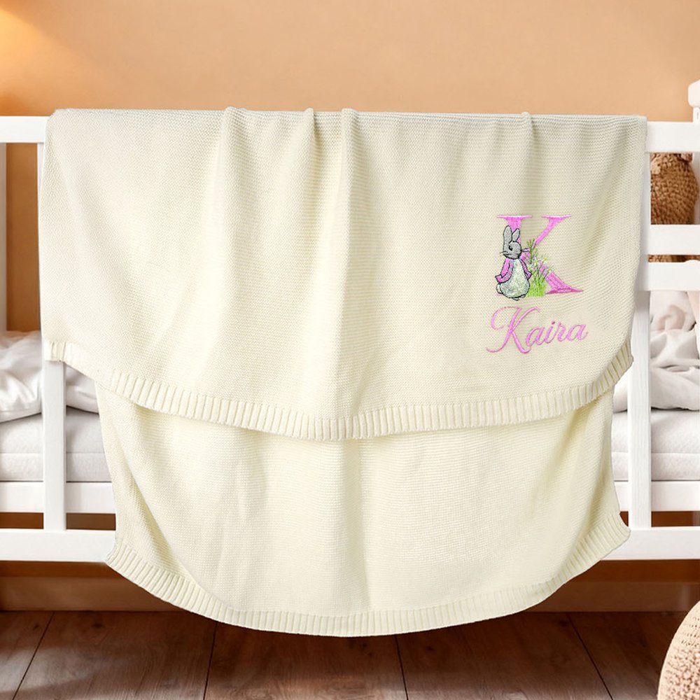 Bordado personalizado Peter Rabbit Manta de algodón suave para bebé con inicial y nombre Feliz Pascua Cumpleaños Regalo para recién nacidos Niños 2