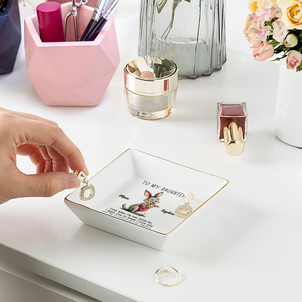 Personalized Watercolor Mom and Baby Animals Square Ceramic Trinket Jewelry Dish with Name and Text Home Decor Christmas Birthday Gift for Family 3