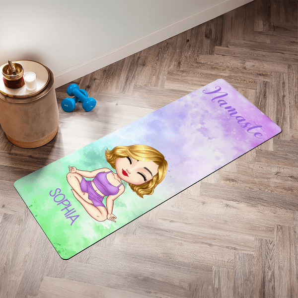 Personalized Cartoon Yoga Character Watercolor Super Absorbent Yoga Mat with Name and Title Sports Accessories Birthday Gift for Yoga Lovers