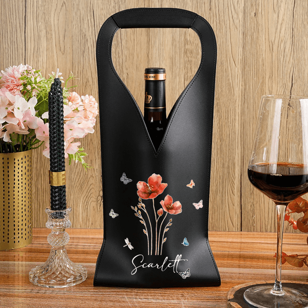 Personalized Watercolor Style Butterfly Flower PU Leather Wine Bag with Name and Handle Protective Wine Accessories Dinner Party Gift for Wine Lovers